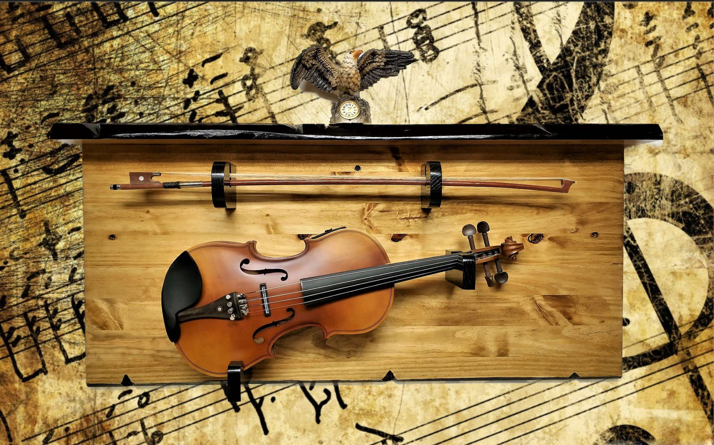 Walker Wood Gifts guitar rack RUSTIC VIOLIN FIDDLE Wall Display With Shelf, Knotty Pine Black Hangers Wall Hanging Decor