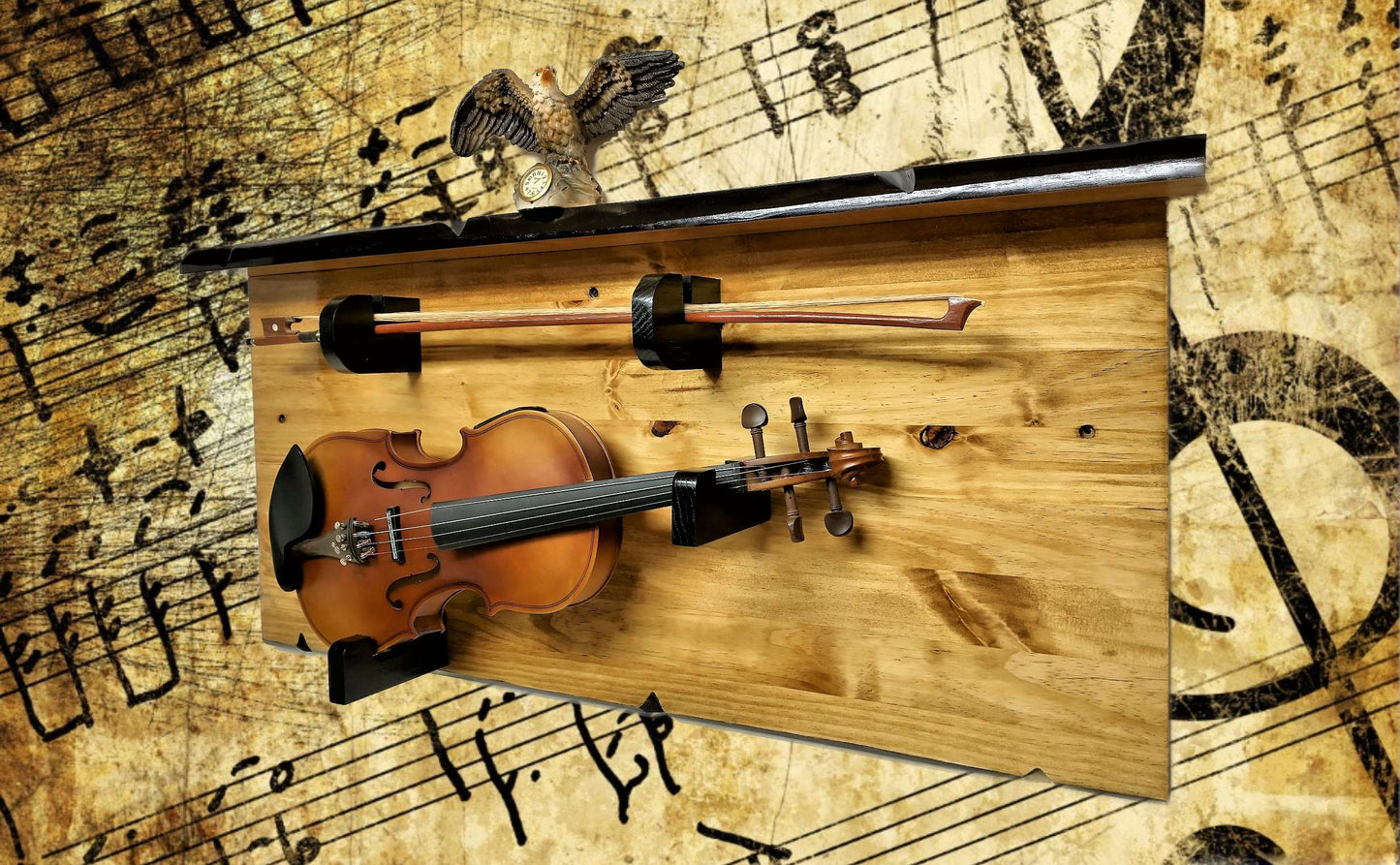 Walker Wood Gifts guitar rack RUSTIC VIOLIN FIDDLE Wall Display With Shelf, Knotty Pine Black Hangers Wall Hanging Decor