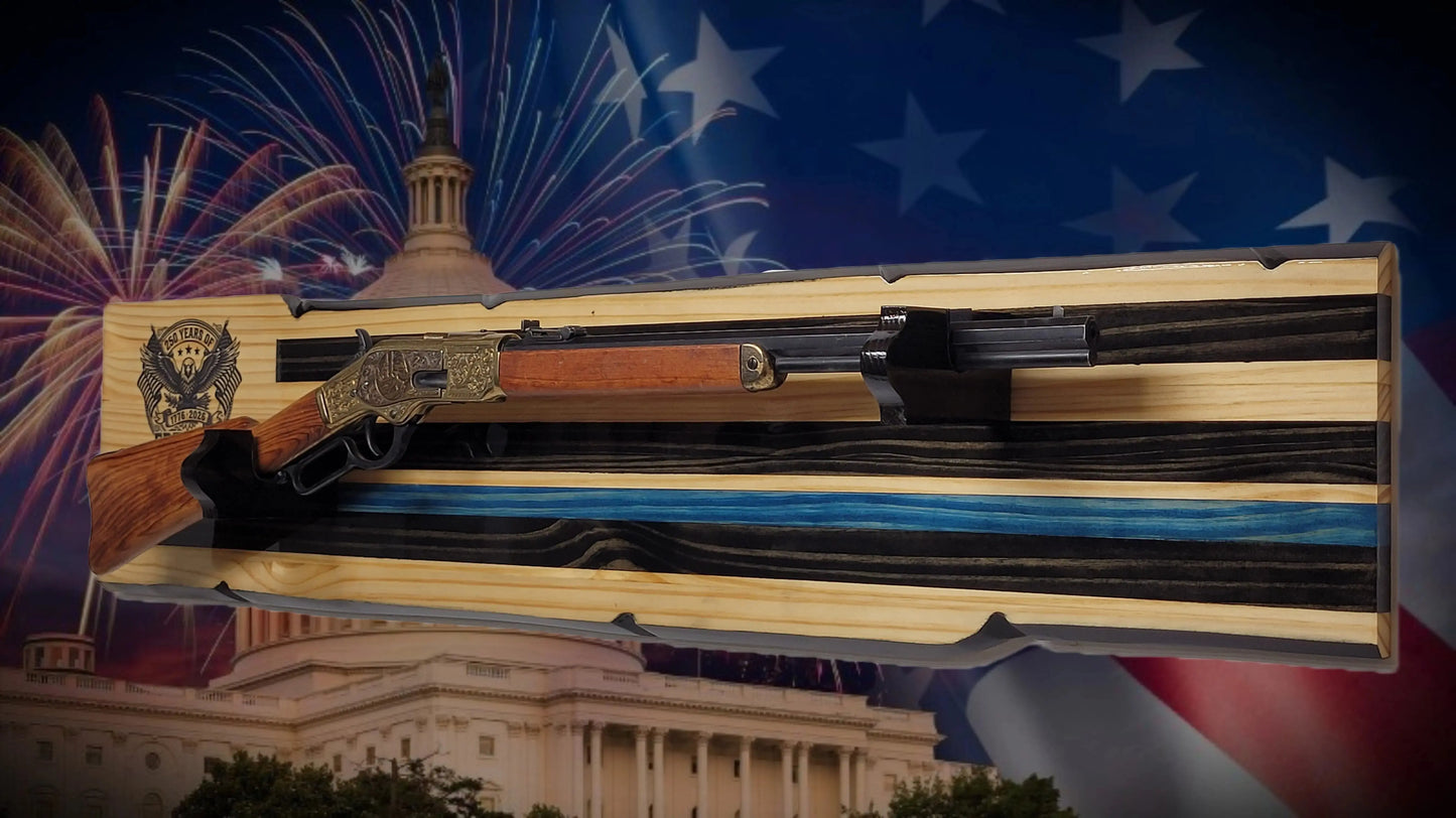 Walker Wood Gifts Gun Display Rustic 250th Freedom USA Lever Action Gun Display Blue Line Faux Live Edge Pine