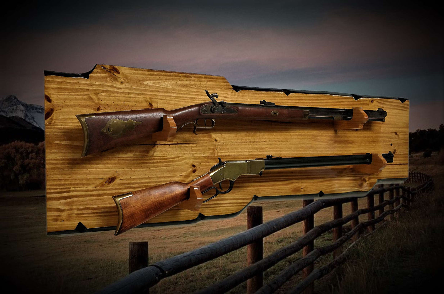 Walker Wood Gifts gun rack RUSTIC 2 PLACE LONG Rifle Display Faux Live Edge Knotty Pine Lever Action Rifle Western Home Decoration Gift