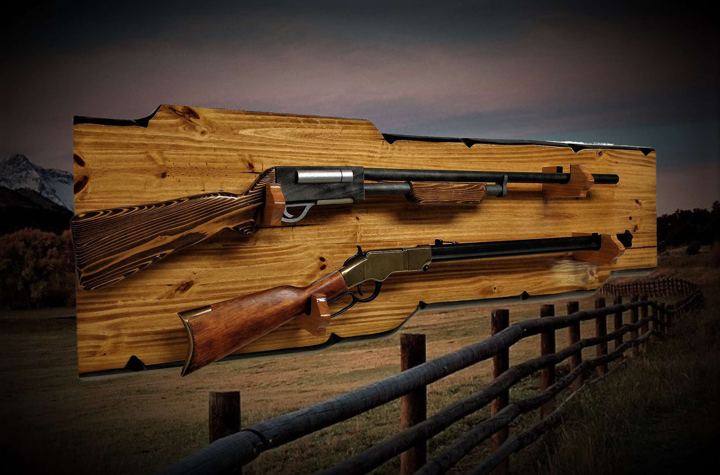 Walker Wood Gifts gun rack RUSTIC 2 PLACE LONG Rifle Display Faux Live Edge Knotty Pine Lever Action Rifle Western Home Decoration Gift