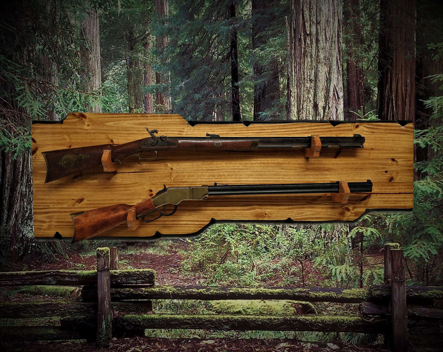 Walker Wood Gifts gun rack RUSTIC 2 PLACE LONG Rifle Display Faux Live Edge Knotty Pine Lever Action Rifle Western Home Decoration Gift