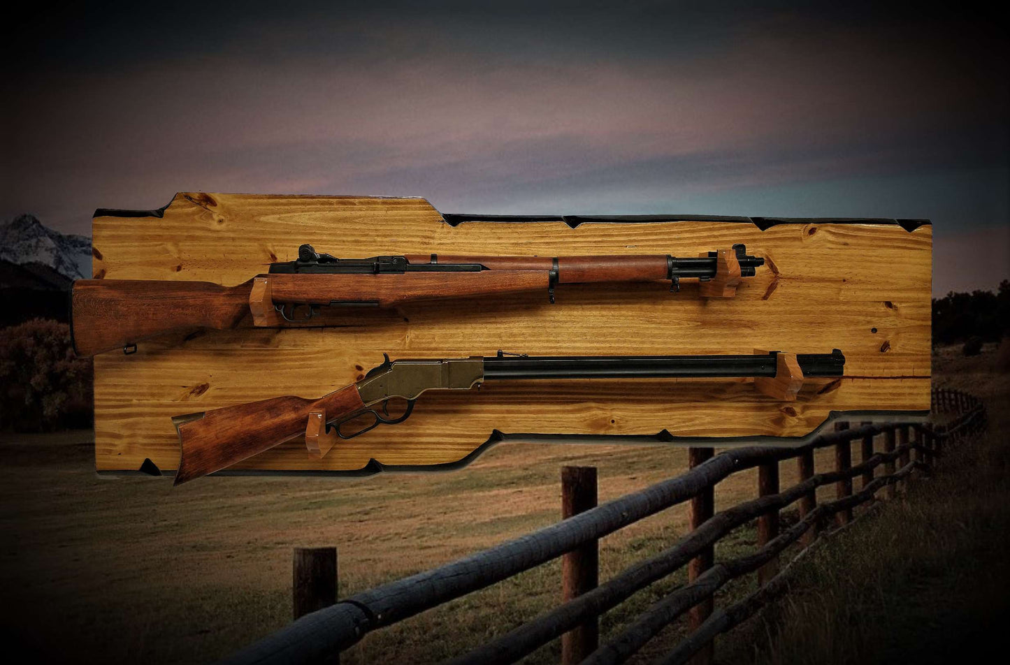 Walker Wood Gifts gun rack RUSTIC 2 PLACE LONG Rifle Display Faux Live Edge Knotty Pine Lever Action Rifle Western Home Decoration Gift