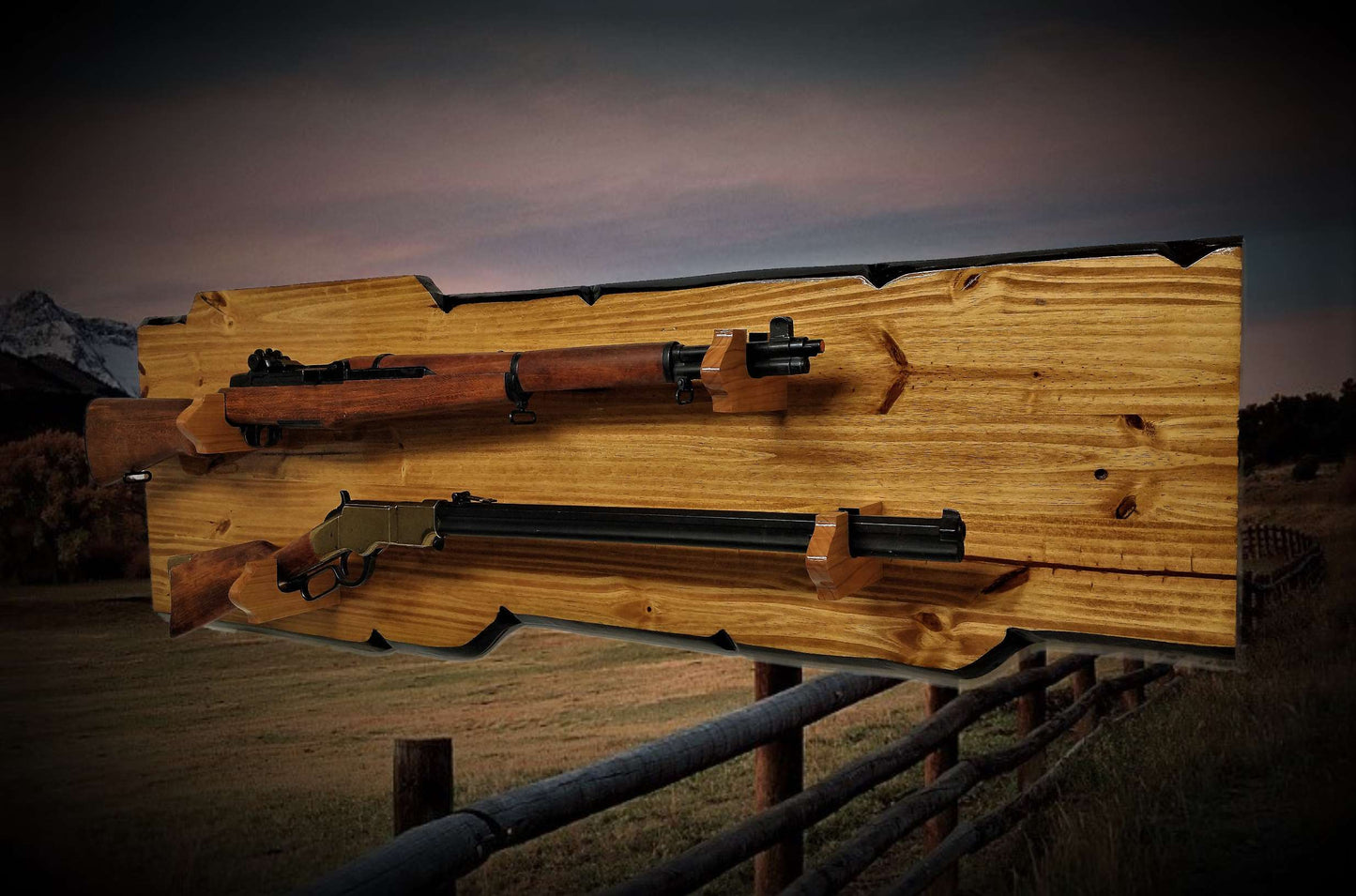Walker Wood Gifts gun rack RUSTIC 2 PLACE LONG Rifle Display Faux Live Edge Knotty Pine Lever Action Rifle Western Home Decoration Gift
