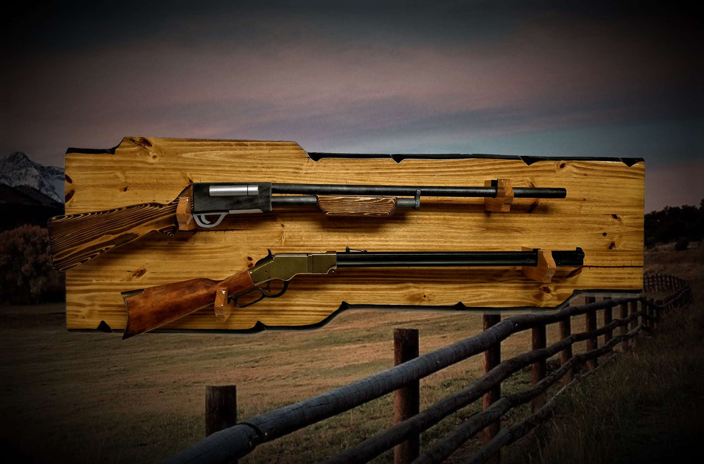 Walker Wood Gifts gun rack RUSTIC 2 PLACE LONG Rifle Display Faux Live Edge Knotty Pine Lever Action Rifle Western Home Decoration Gift