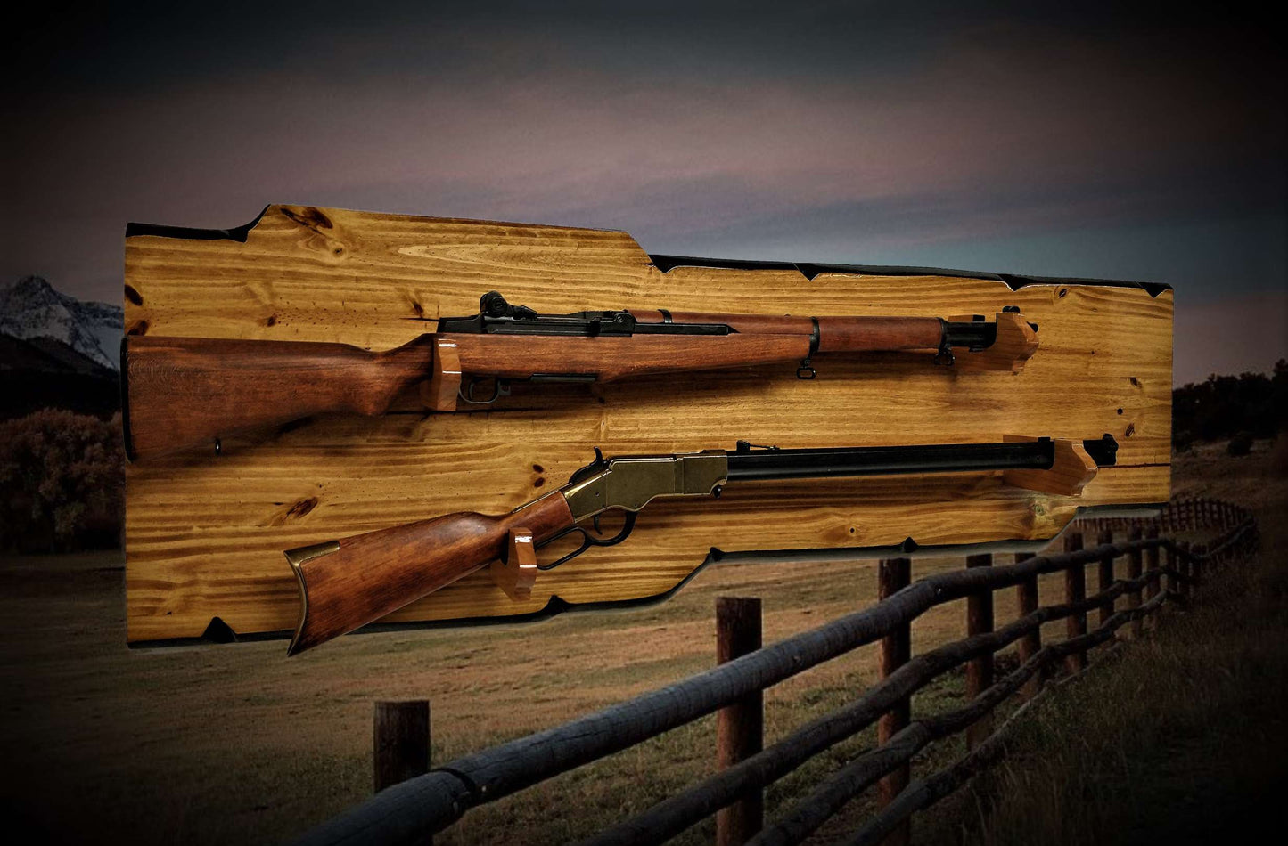 Walker Wood Gifts gun rack RUSTIC 2 PLACE LONG Rifle Display Faux Live Edge Knotty Pine Lever Action Rifle Western Home Decoration Gift