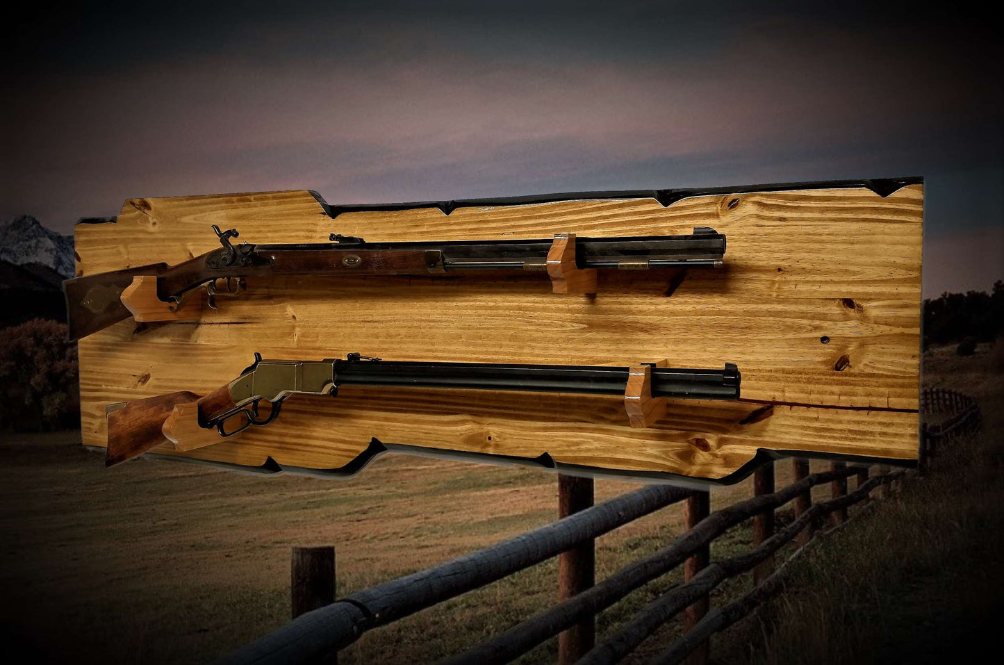 Walker Wood Gifts gun rack RUSTIC 2 PLACE LONG Rifle Display Faux Live Edge Knotty Pine Lever Action Rifle Western Home Decoration Gift