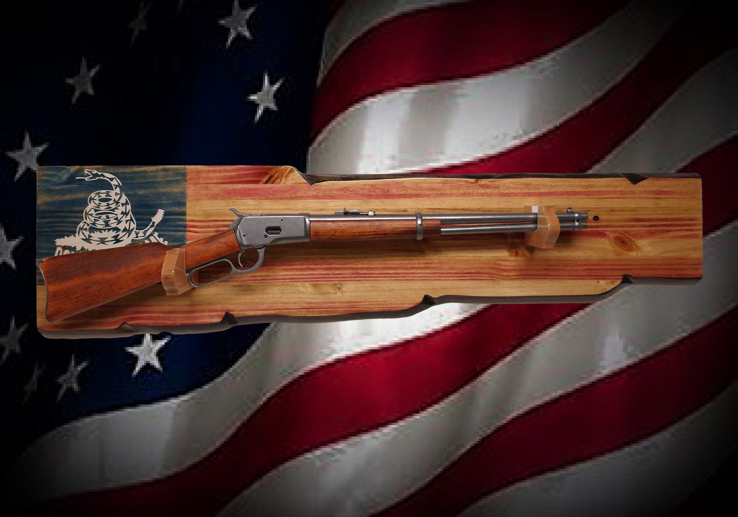 Walker Wood Gifts gun rack Rustic "Don't Tread On Me" Gun Rack Lever Action Rifle Wall Mount Americana Collectors Gift Décor
