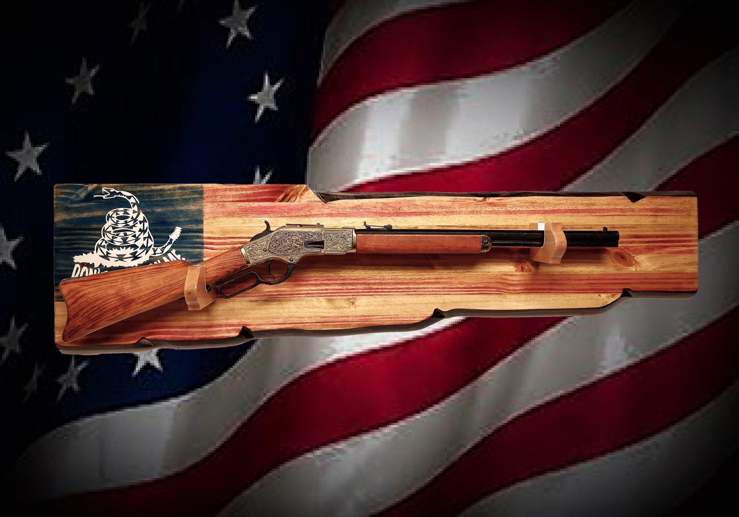 Walker Wood Gifts gun rack Rustic "Don't Tread On Me" Gun Rack Lever Action Rifle Wall Mount Americana Collectors Gift Décor