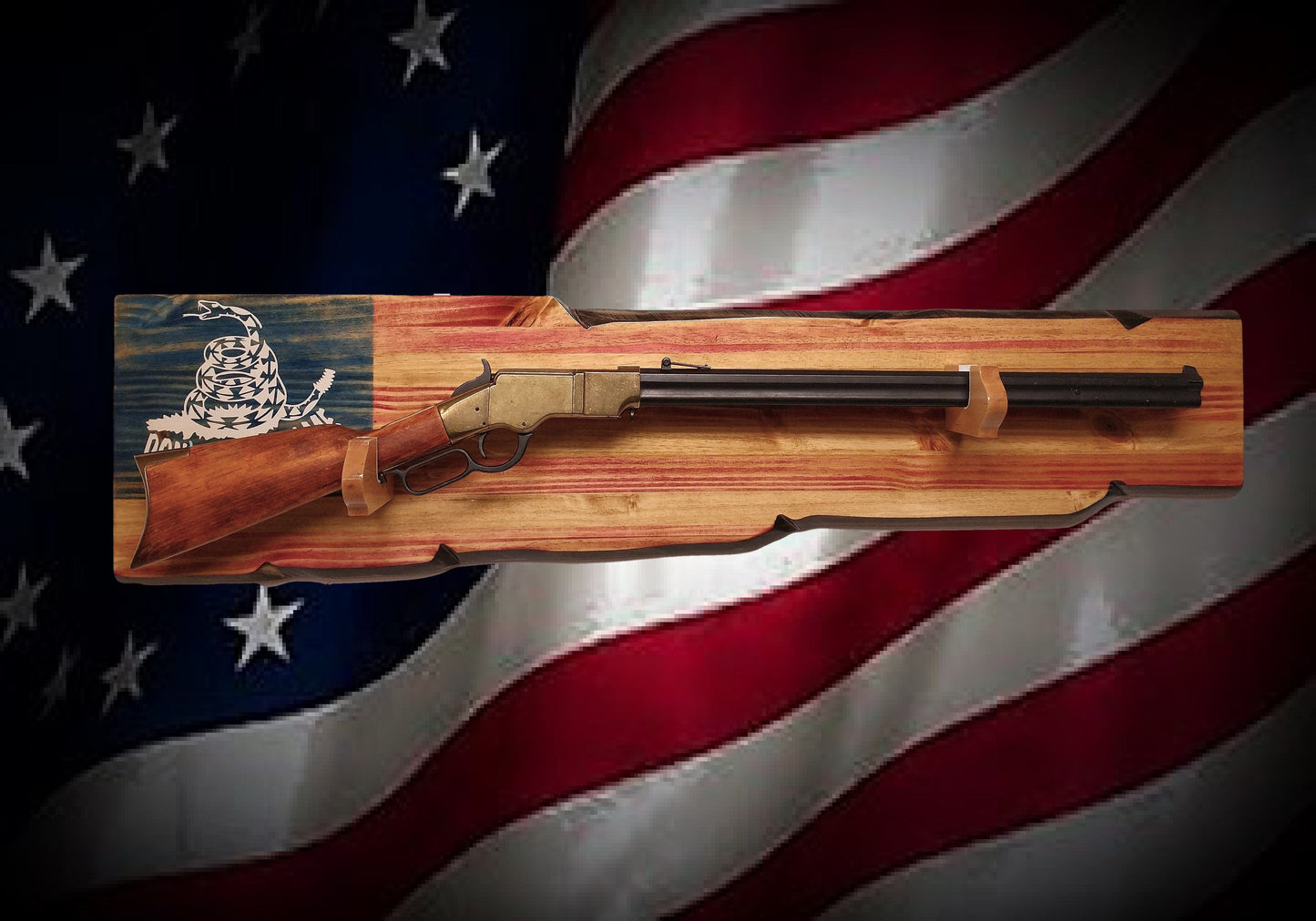 Walker Wood Gifts gun rack Rustic "Don't Tread On Me" Gun Rack Lever Action Rifle Wall Mount Americana Collectors Gift Décor