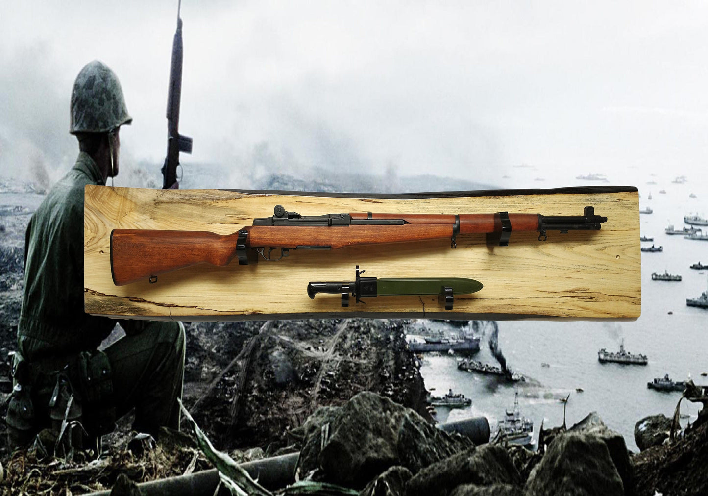 Walker Wood Gifts gun rack Rustic M1 Garand Rifle and Bayonet Gun Rack Display Live Edge Spaulted Maple Clear Natural Finish Collectors Gift