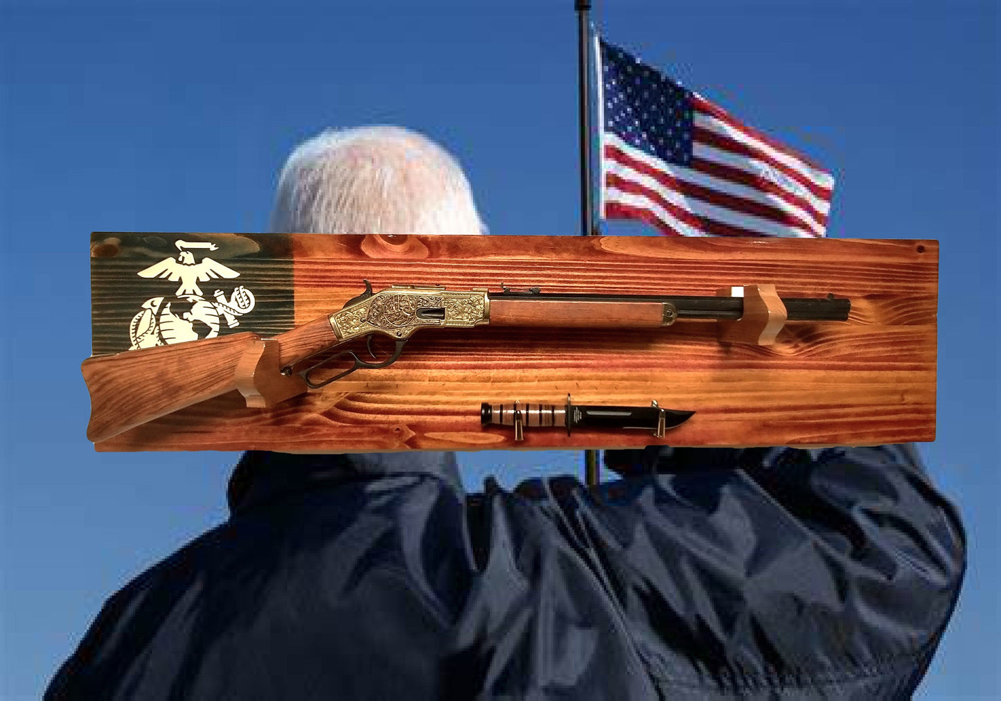 Walker Wood Gifts gun rack Rustic USMC Gun Sword Knife Rack Display Fits Most Lever Action Rifles Retirement Veterans Gift