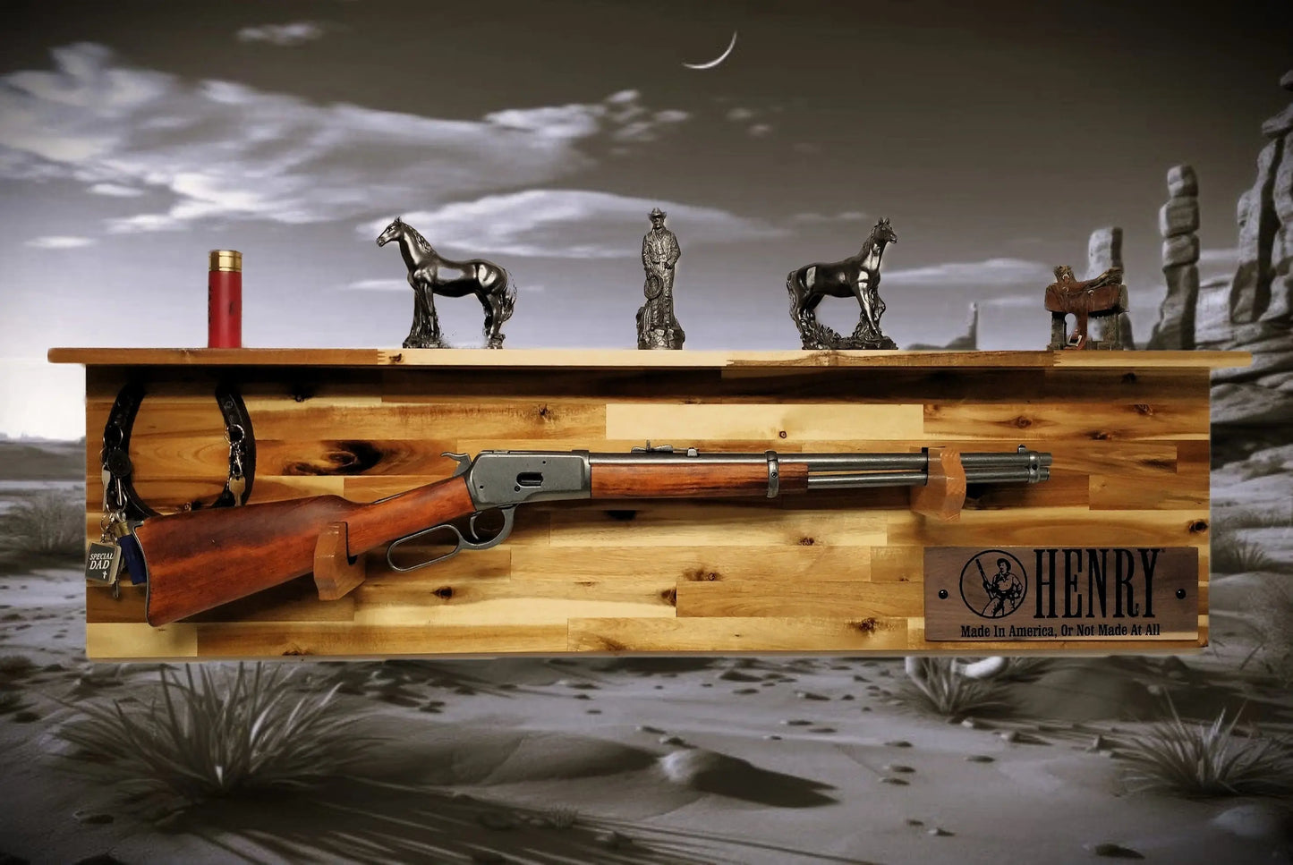 Walker Wood Gifts gun rack Tradition Lever Action Henry Horseshoe Acacia Wood Rifle Gun Shelf Display Western Farmhouse Gift