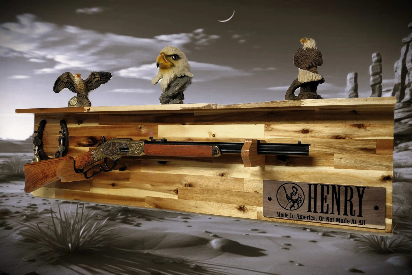 Walker Wood Gifts gun rack Tradition Lever Action Henry Horseshoe Acacia Wood Rifle Gun Shelf Display Western Farmhouse Gift