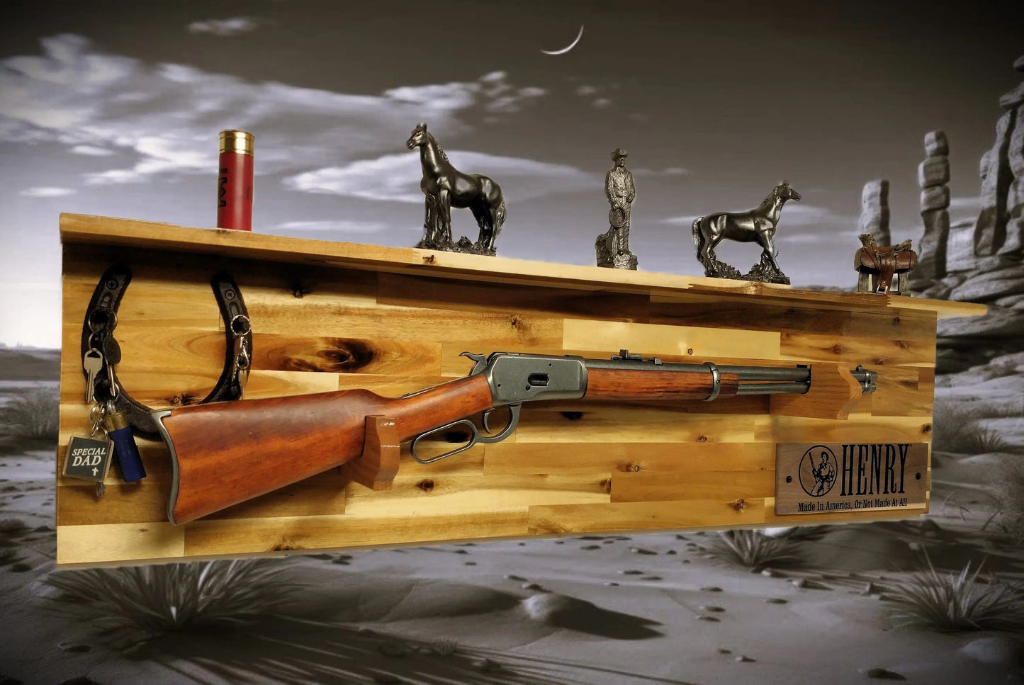 Walker Wood Gifts gun rack Tradition Lever Action Henry Horseshoe Acacia Wood Rifle Gun Shelf Display Western Farmhouse Gift