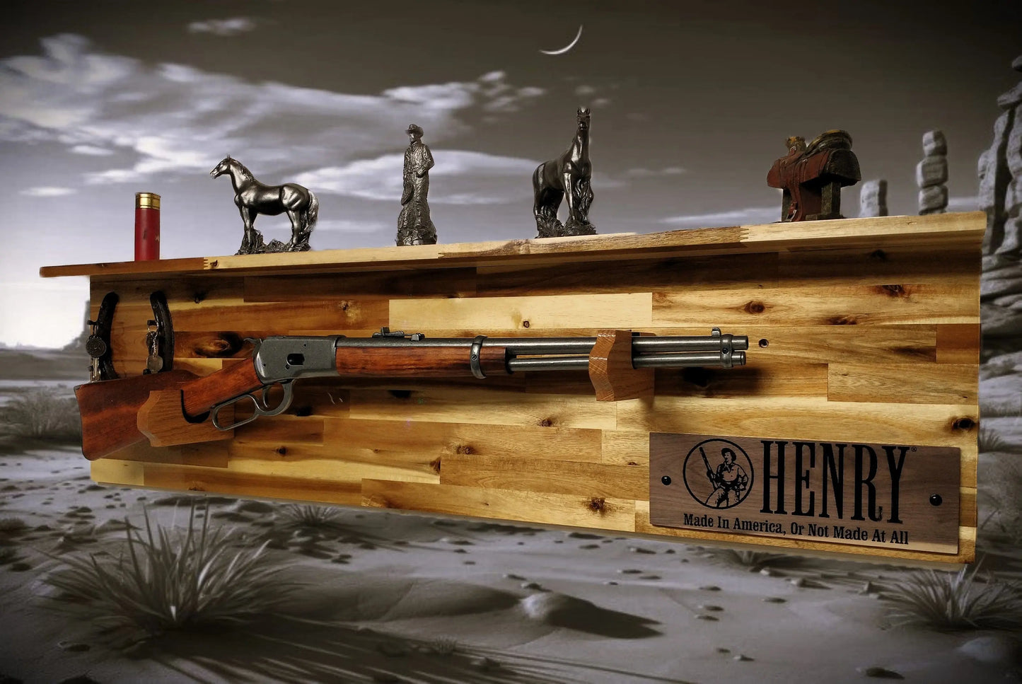 Walker Wood Gifts gun rack Tradition Lever Action Henry Horseshoe Acacia Wood Rifle Gun Shelf Display Western Farmhouse Gift