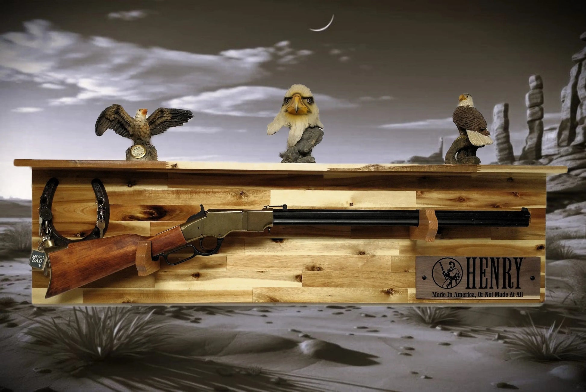 Walker Wood Gifts gun rack Tradition Lever Action Henry Horseshoe Acacia Wood Rifle Gun Shelf Display Western Farmhouse Gift