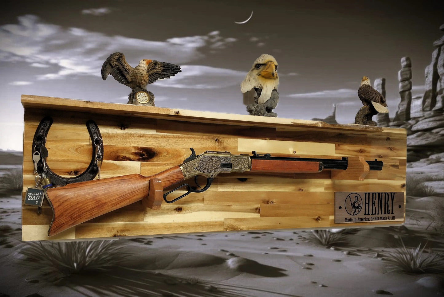 Walker Wood Gifts gun rack Tradition Lever Action Henry Horseshoe Acacia Wood Rifle Gun Shelf Display Western Farmhouse Gift