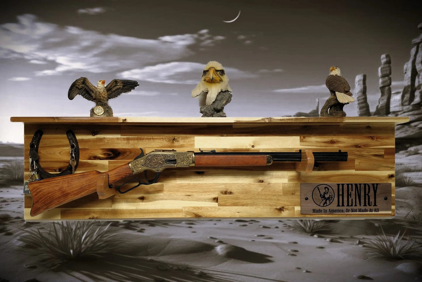 Walker Wood Gifts gun rack Tradition Lever Action Henry Horseshoe Acacia Wood Rifle Gun Shelf Display Western Farmhouse Gift