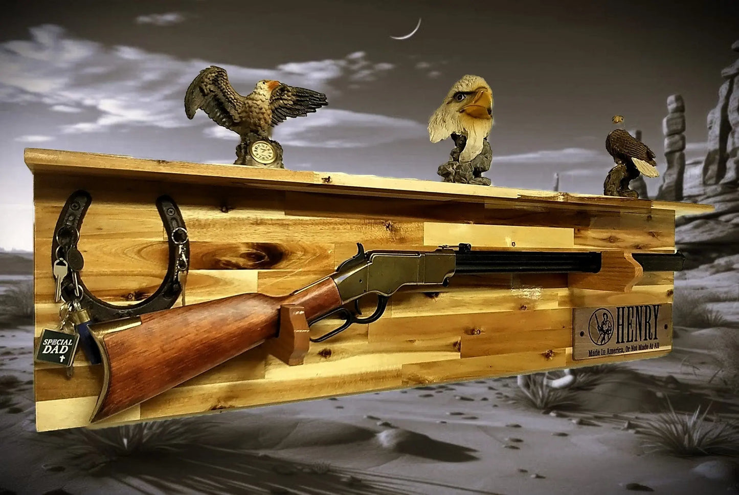 Walker Wood Gifts gun rack Tradition Lever Action Henry Horseshoe Acacia Wood Rifle Gun Shelf Display Western Farmhouse Gift