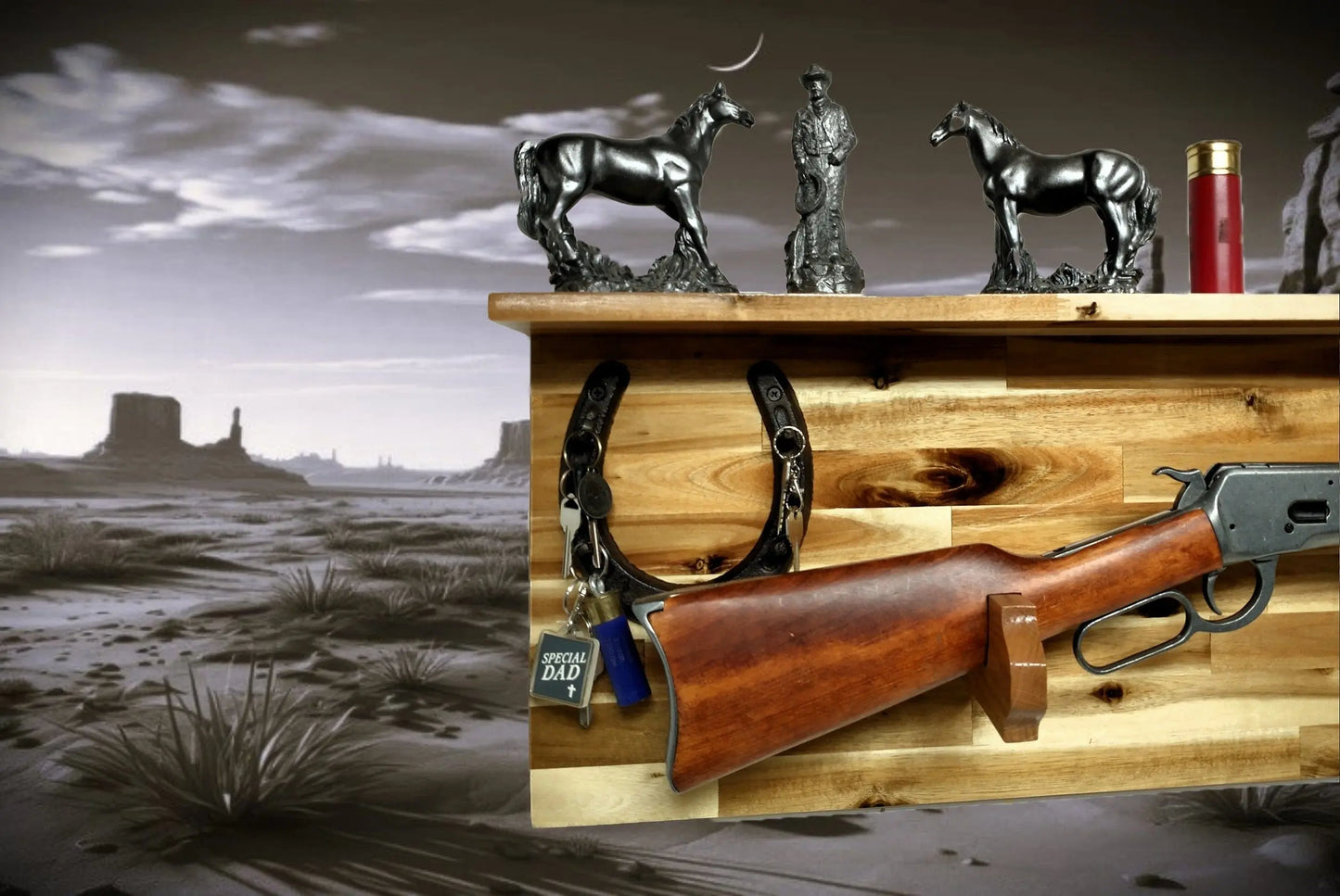 Walker Wood Gifts gun rack Tradition Lever Action Henry Horseshoe Acacia Wood Rifle Gun Shelf Display Western Farmhouse Gift