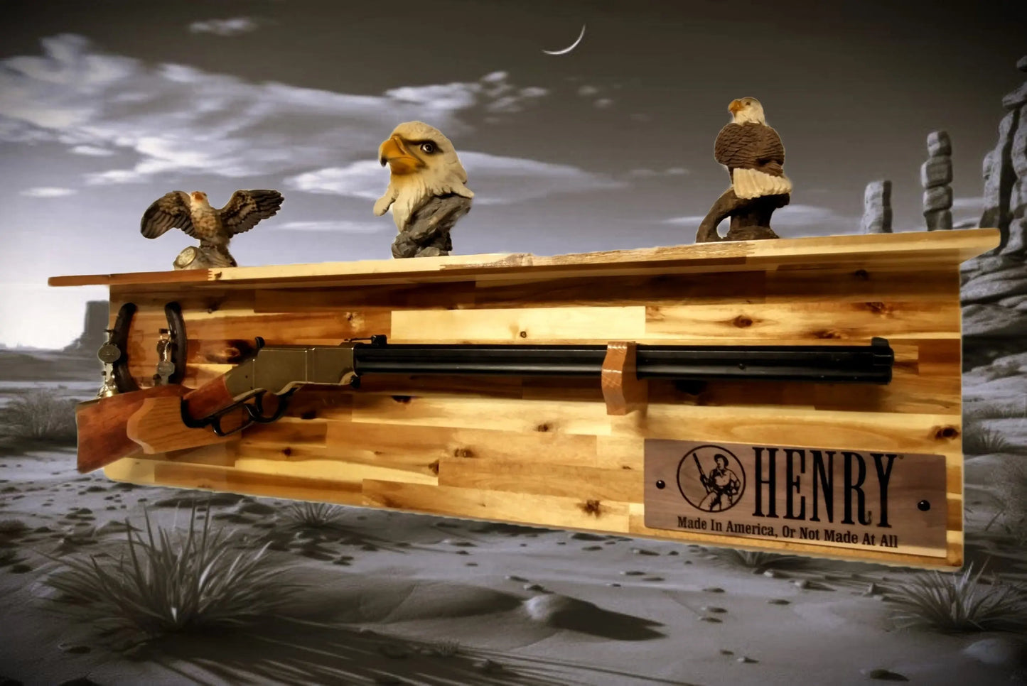 Walker Wood Gifts gun rack Tradition Lever Action Henry Horseshoe Acacia Wood Rifle Gun Shelf Display Western Farmhouse Gift