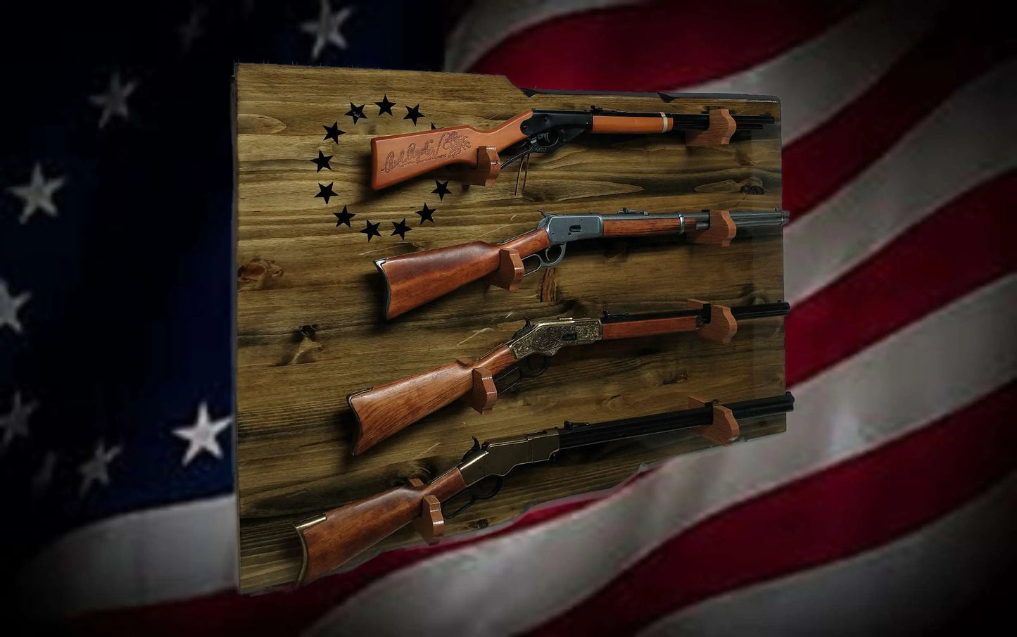 Unique Rustic 4 Place Lever Action Display Knotty Pine 13 Black Star Patriotic Collectors Gift Walker Wood Gifts