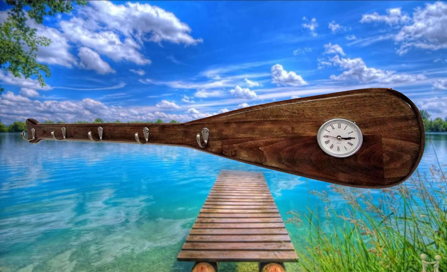 Walker Wood Gifts Lake House Rustic Cabin Boat Oar Paddle 5 Hat Coat Hooks and Clock Decor Great Gift