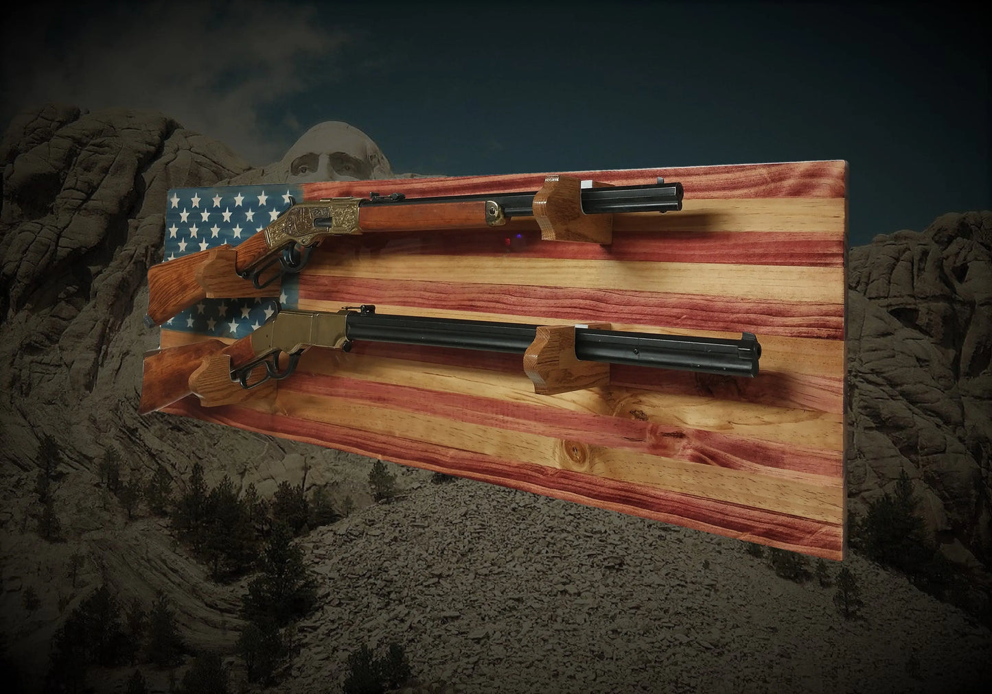 Walker Wood Gifts Rustic 2 Place 50 Star Flag Lever Action Knotty Pine Rifle Display Patriotic Collector Gift