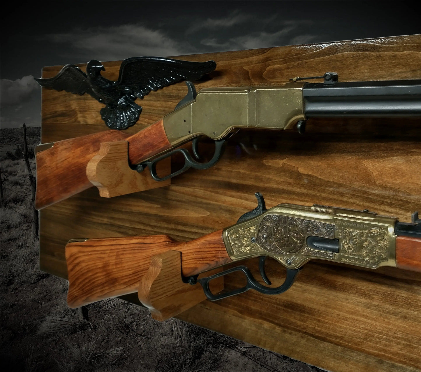 Rustic Faux Live Edge 2 Place Eagle Aspen Lever Action Rifle Display Western Collector gift - Walker Wood Gifts