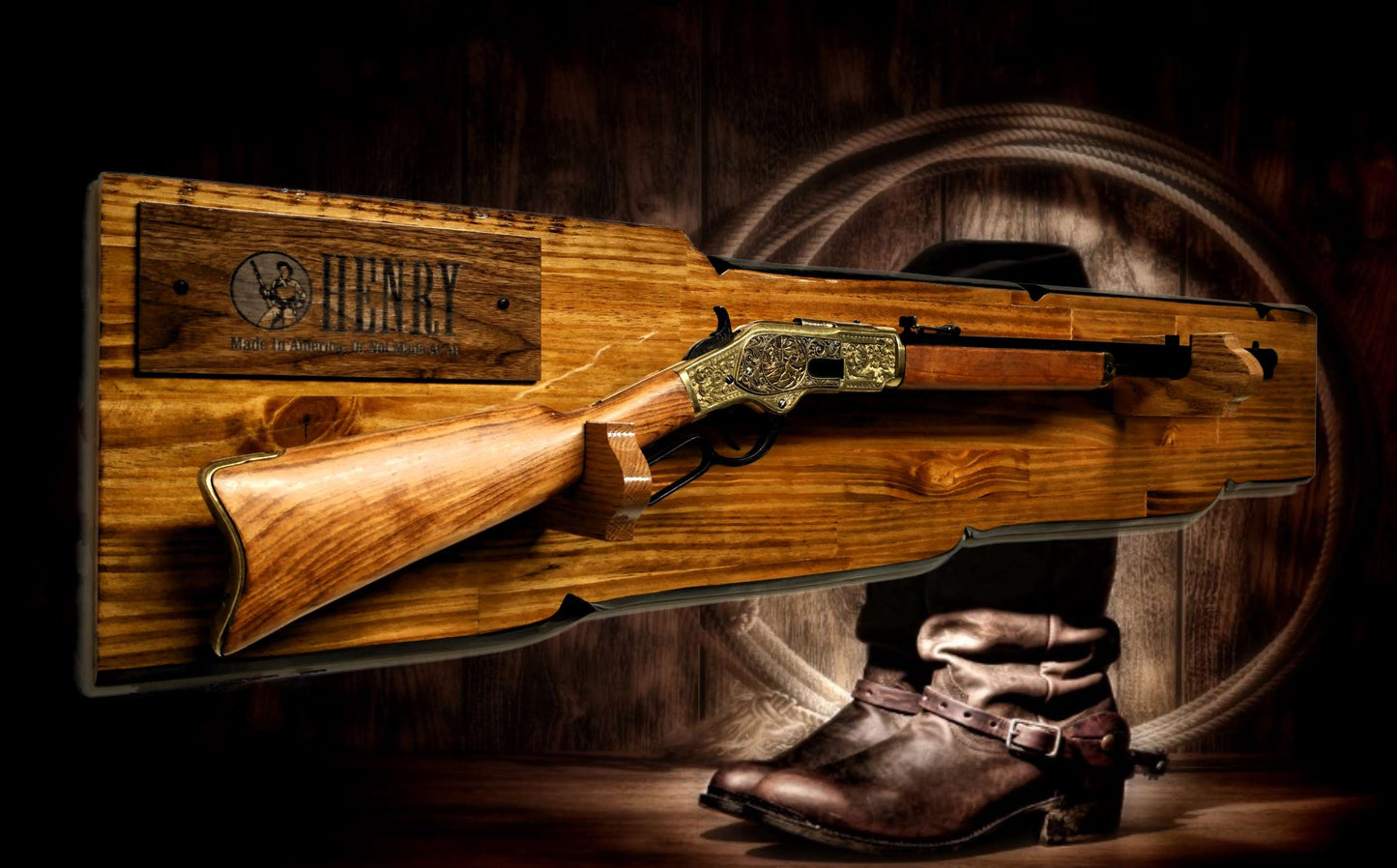 Walker Wood Gifts Rustic Lever Action Henry Gun Display Rifle Faux Live Edge Knotty Pine Cabin Décor Collectors Gift