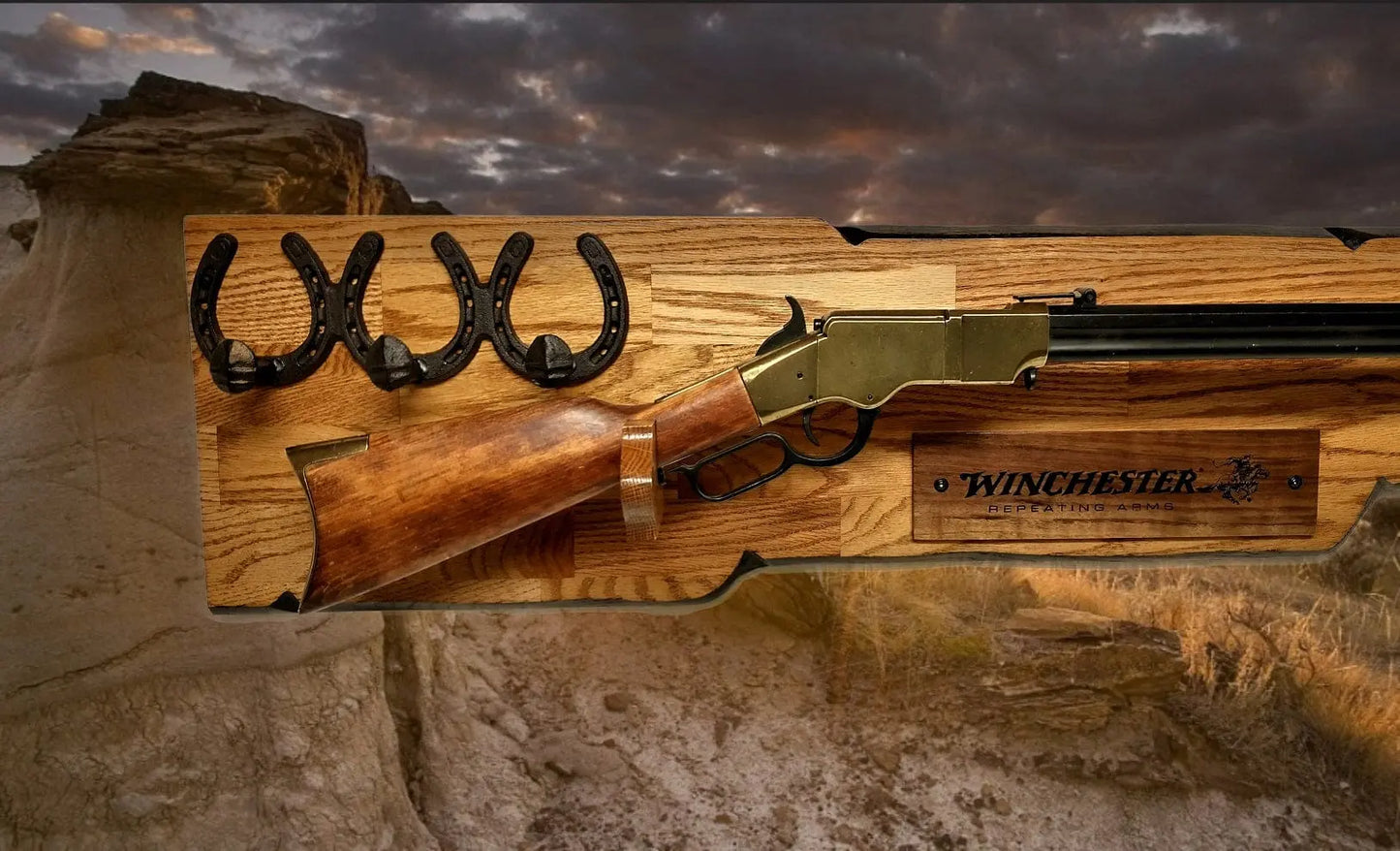Walker Wood Gifts Rustic Lever Action Winchester Rifle Display Faux Live Edge Oak Gun Rack Cabin Décor Collectors Gift