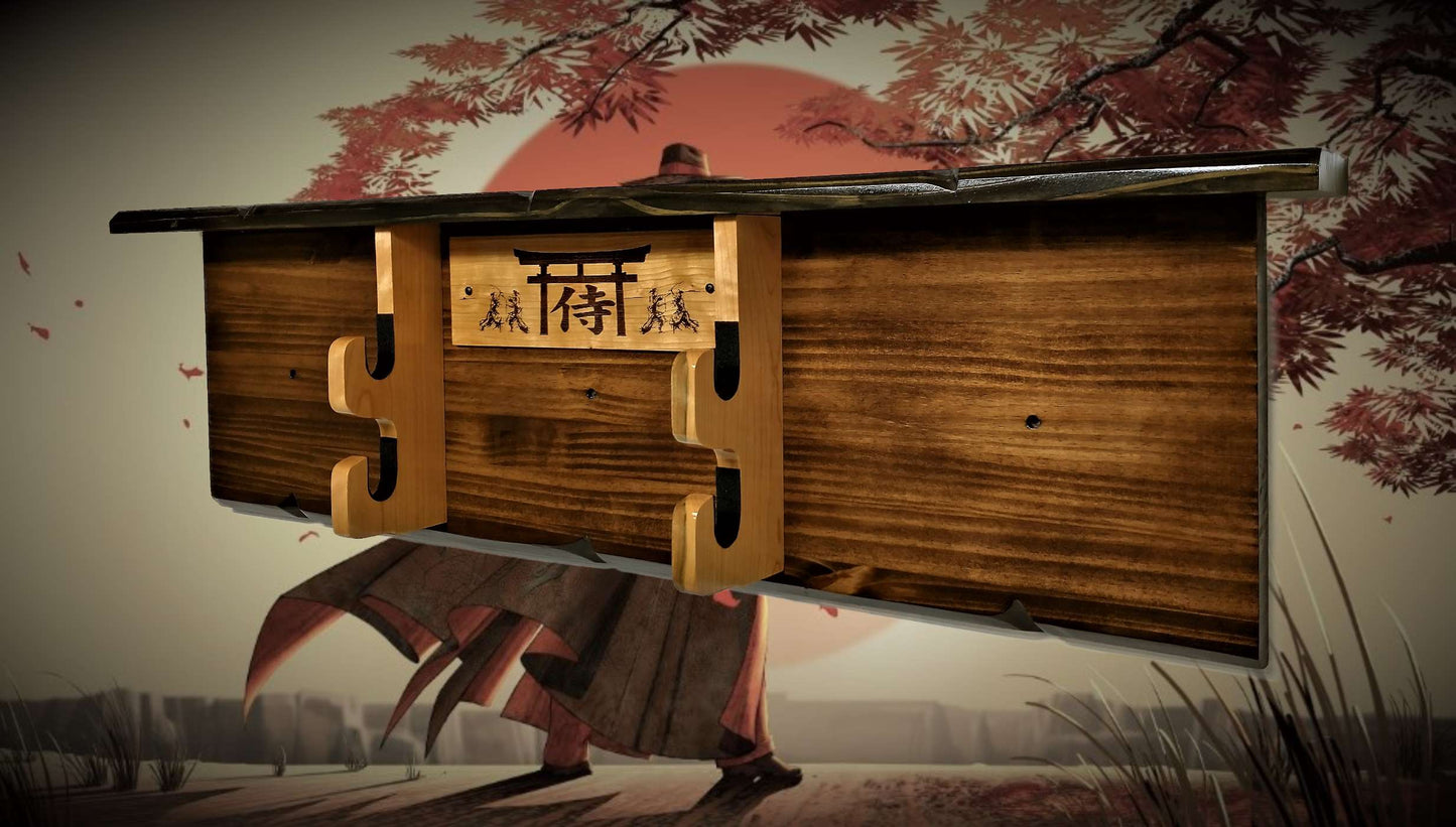 Walker Wood Gifts sword display Rustic 2 Tier Katana Sword Wall Display With Shelf Bushido Kanji Code Martial Arts Collectors Gift