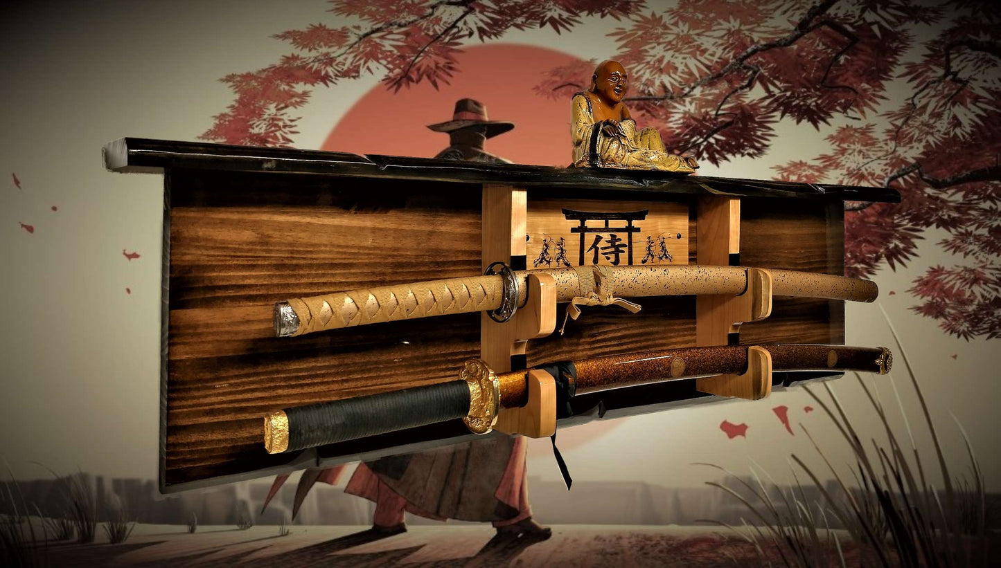 Walker Wood Gifts sword display Rustic 2 Tier Katana Sword Wall Display With Shelf Bushido Kanji Code Martial Arts Collectors Gift