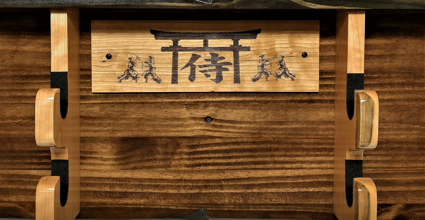 Walker Wood Gifts sword display Rustic 2 Tier Katana Sword Wall Display With Shelf Bushido Kanji Code Martial Arts Collectors Gift