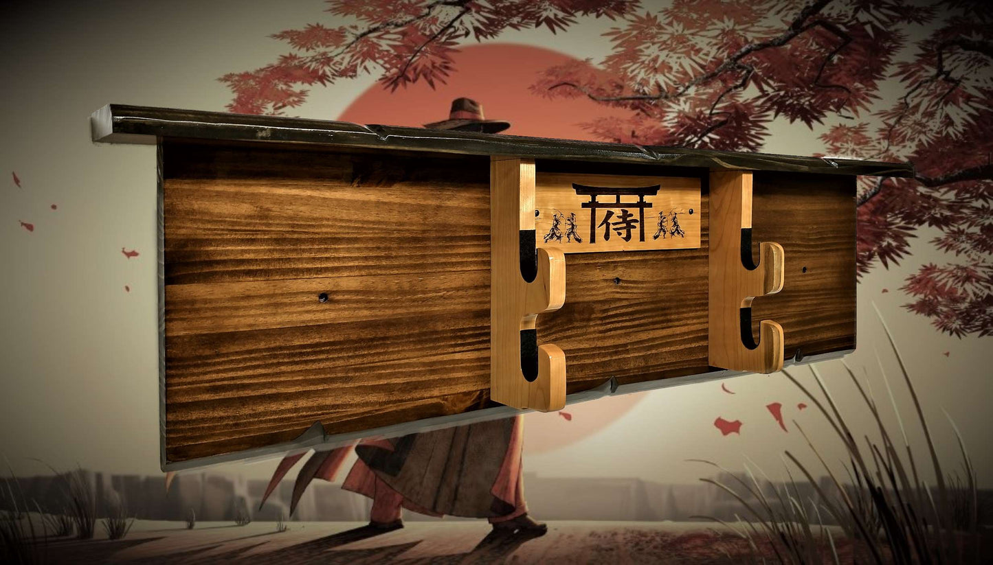 Walker Wood Gifts sword display Rustic 2 Tier Katana Sword Wall Display With Shelf Bushido Kanji Code Martial Arts Collectors Gift