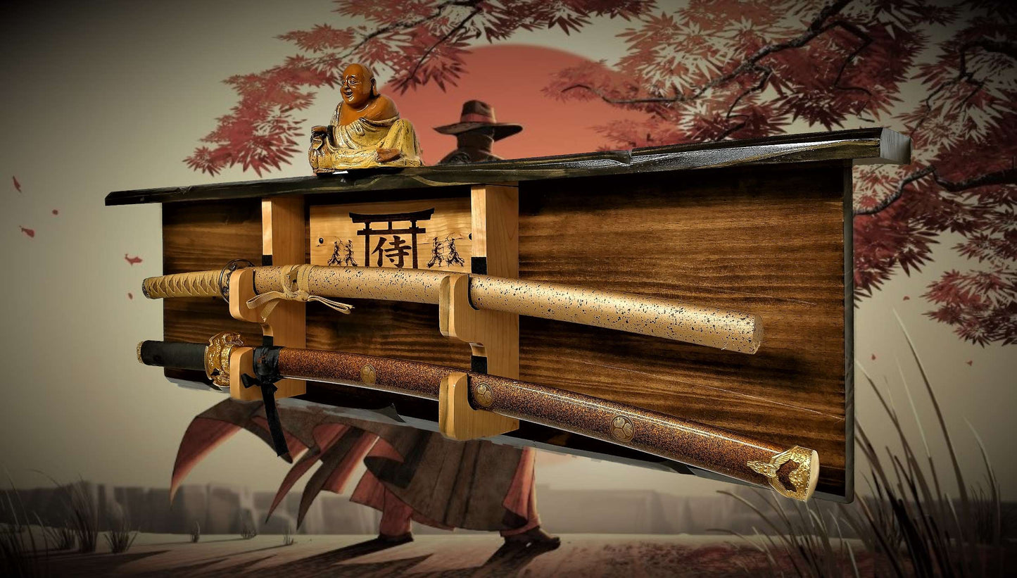 Walker Wood Gifts sword display Rustic 2 Tier Katana Sword Wall Display With Shelf Bushido Kanji Code Martial Arts Collectors Gift