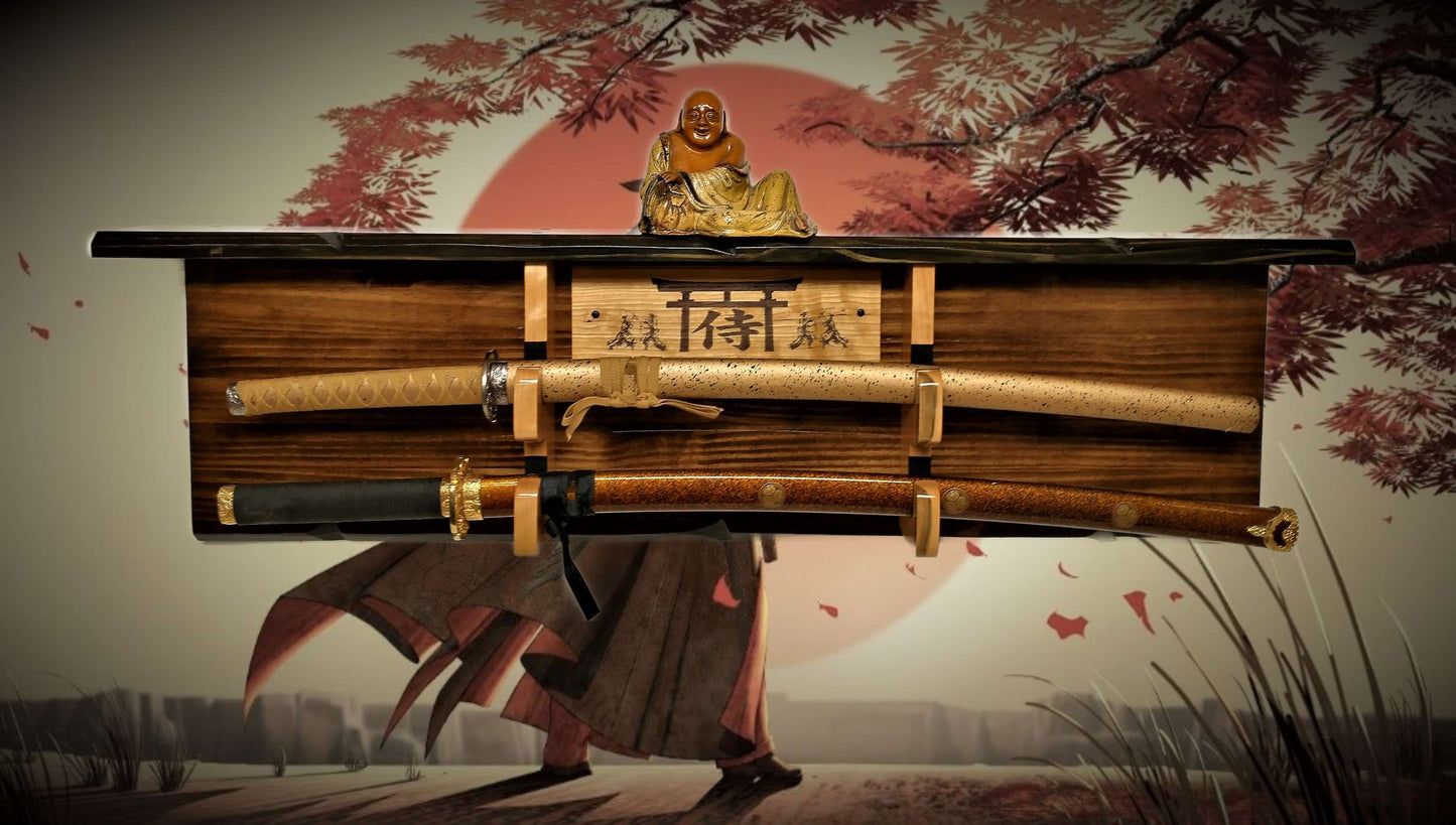 Walker Wood Gifts sword display Rustic 2 Tier Katana Sword Wall Display With Shelf Bushido Kanji Code Martial Arts Collectors Gift