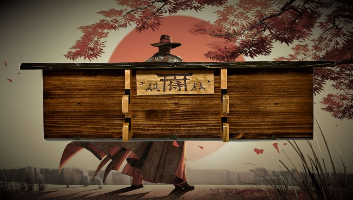 Walker Wood Gifts sword display Rustic 2 Tier Katana Sword Wall Display With Shelf Bushido Kanji Code Martial Arts Collectors Gift