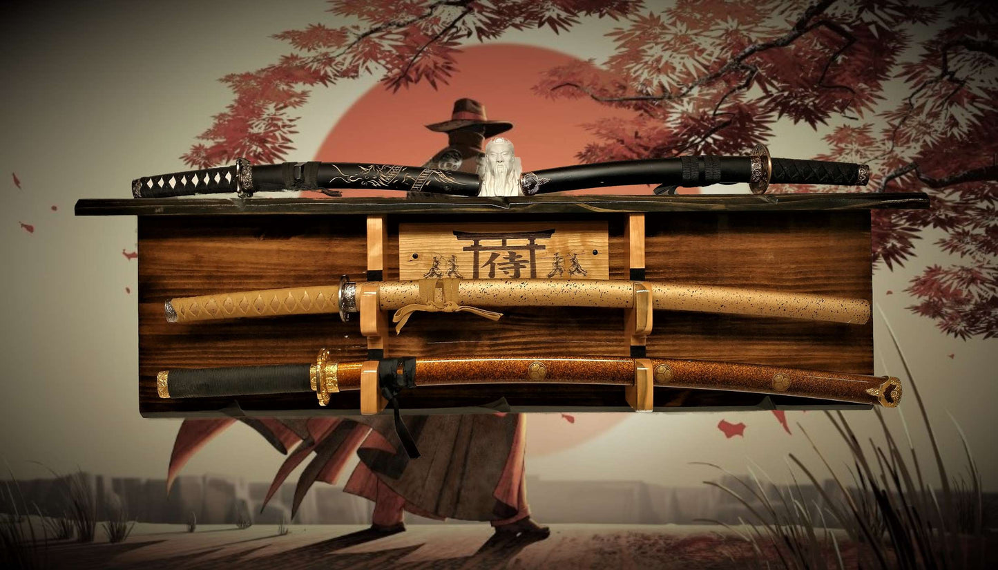 Walker Wood Gifts sword display Rustic 2 Tier Katana Sword Wall Display With Shelf Bushido Kanji Code Martial Arts Collectors Gift
