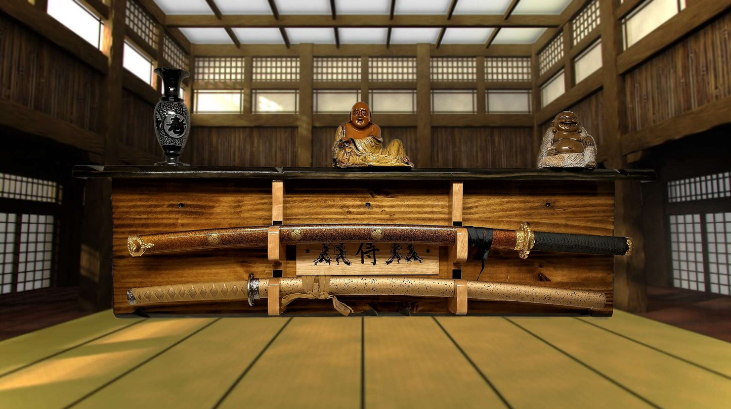 Walker Wood Gifts sword display Rustic Katana Sword Wall Display 2 Tier With Shelf Bushido Kanji Code Martial Arts Collectors Gift