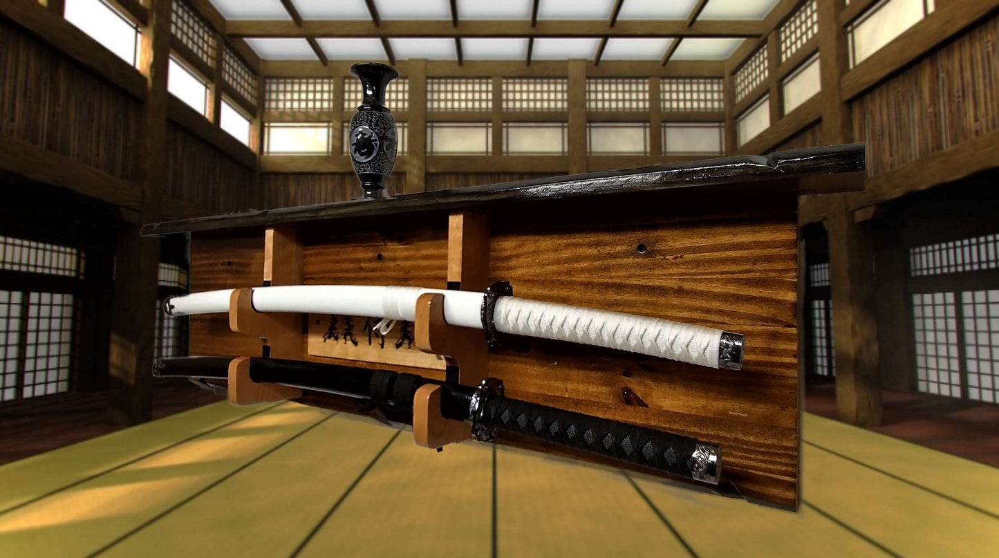 Walker Wood Gifts sword display Rustic Katana Sword Wall Display 2 Tier With Shelf Bushido Kanji Code Martial Arts Collectors Gift