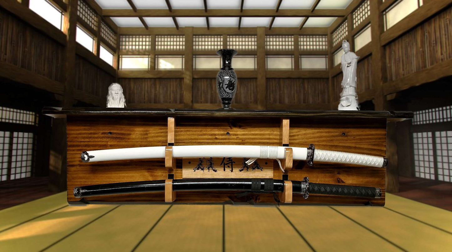 Walker Wood Gifts sword display Rustic Katana Sword Wall Display 2 Tier With Shelf Bushido Kanji Code Martial Arts Collectors Gift