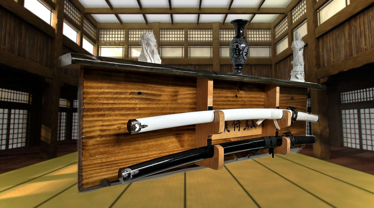 Walker Wood Gifts sword display Rustic Katana Sword Wall Display 2 Tier With Shelf Bushido Kanji Code Martial Arts Collectors Gift