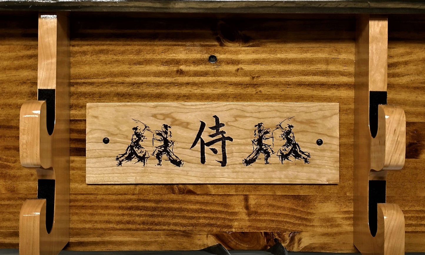 Walker Wood Gifts sword display Rustic Katana Sword Wall Display 2 Tier With Shelf Bushido Kanji Code Martial Arts Collectors Gift