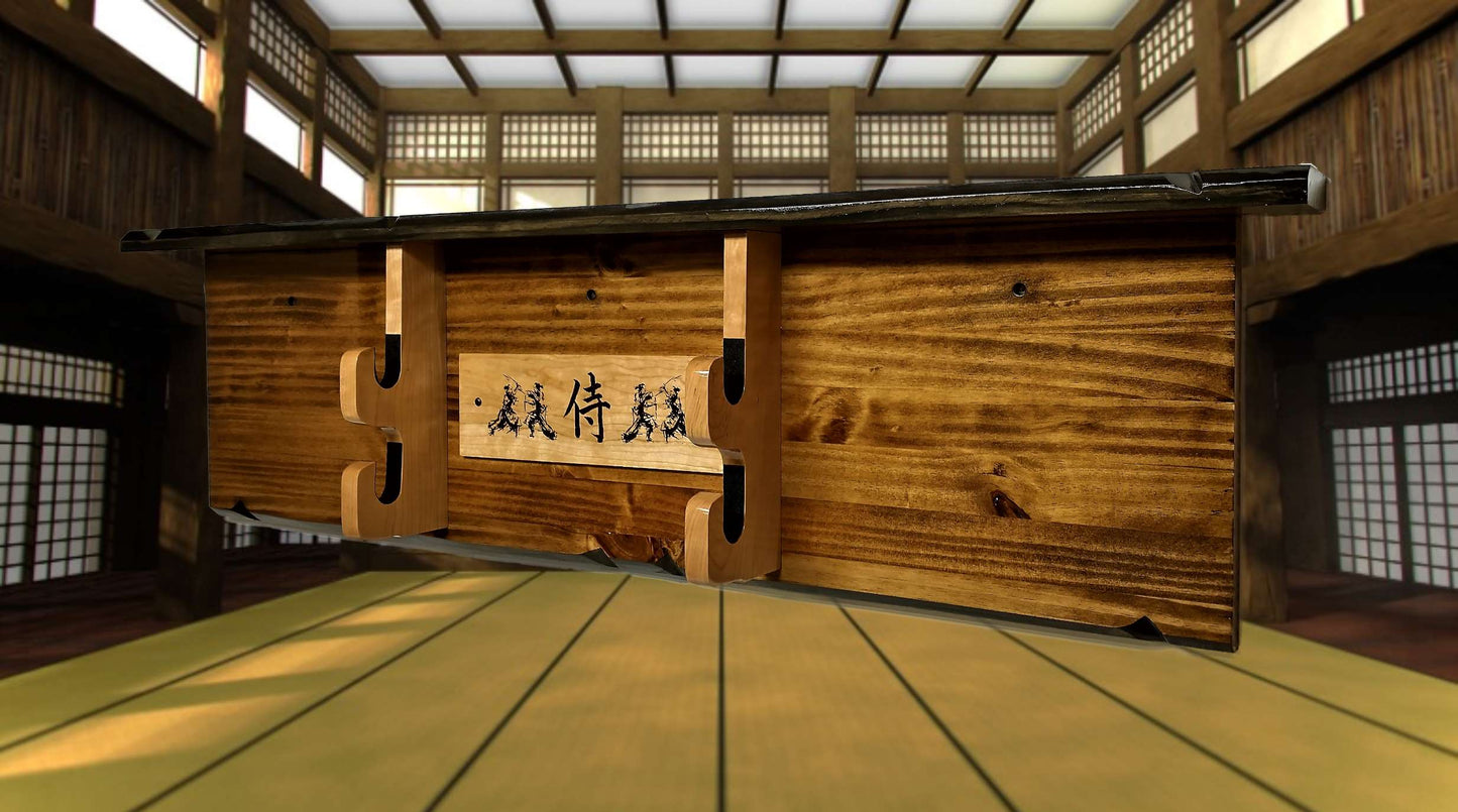 Walker Wood Gifts sword display Rustic Katana Sword Wall Display 2 Tier With Shelf Bushido Kanji Code Martial Arts Collectors Gift