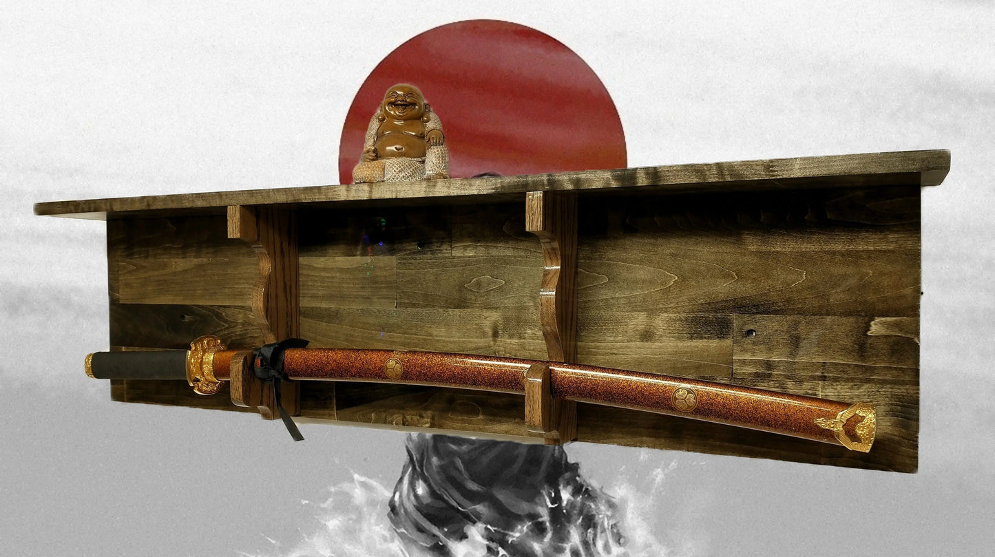 Walker Wood Gifts sword display Rustic Sword Display for Military or Samurai with Deep Shelf Collectors Gift