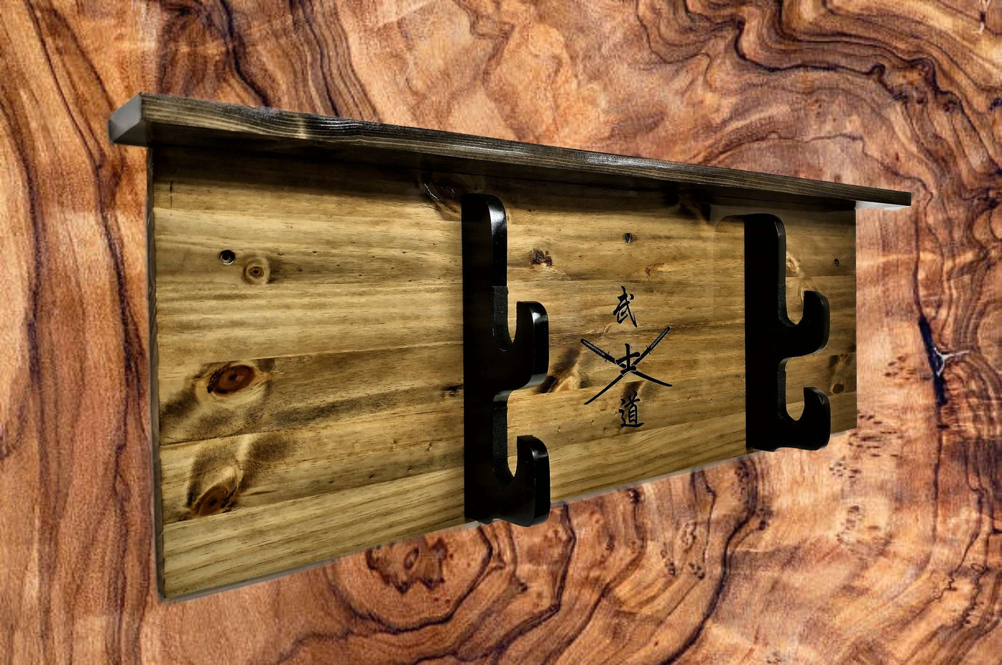 Walker Wood Gifts sword display SAMURAI WALL DISPLAY, 2 Tier Katana Bushido Display with Shelf, Dojo Gift