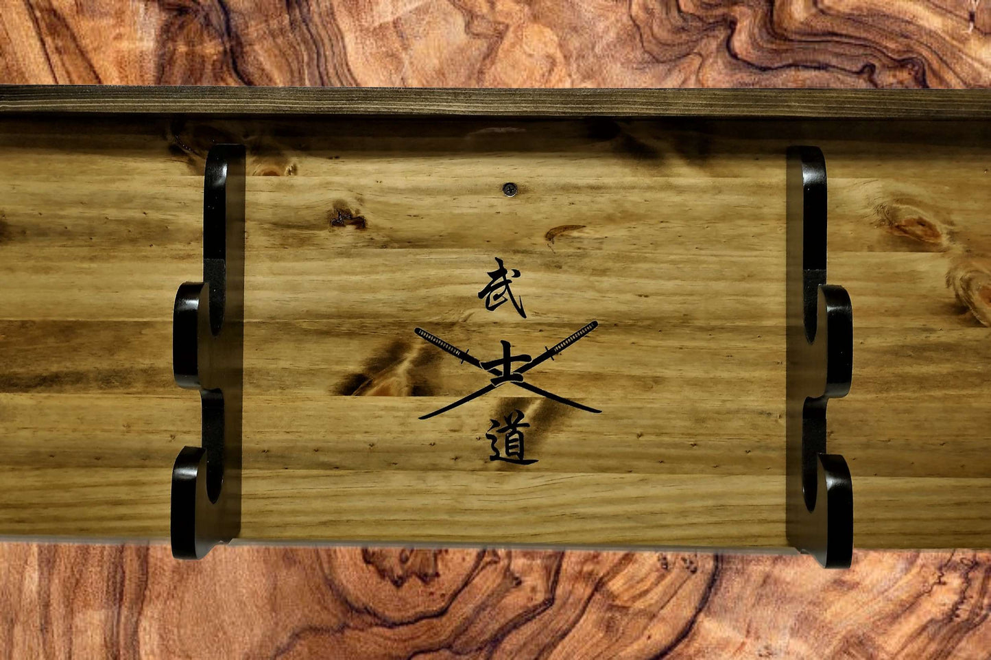 Walker Wood Gifts sword display SAMURAI WALL DISPLAY, 2 Tier Katana Bushido Display with Shelf, Dojo Gift