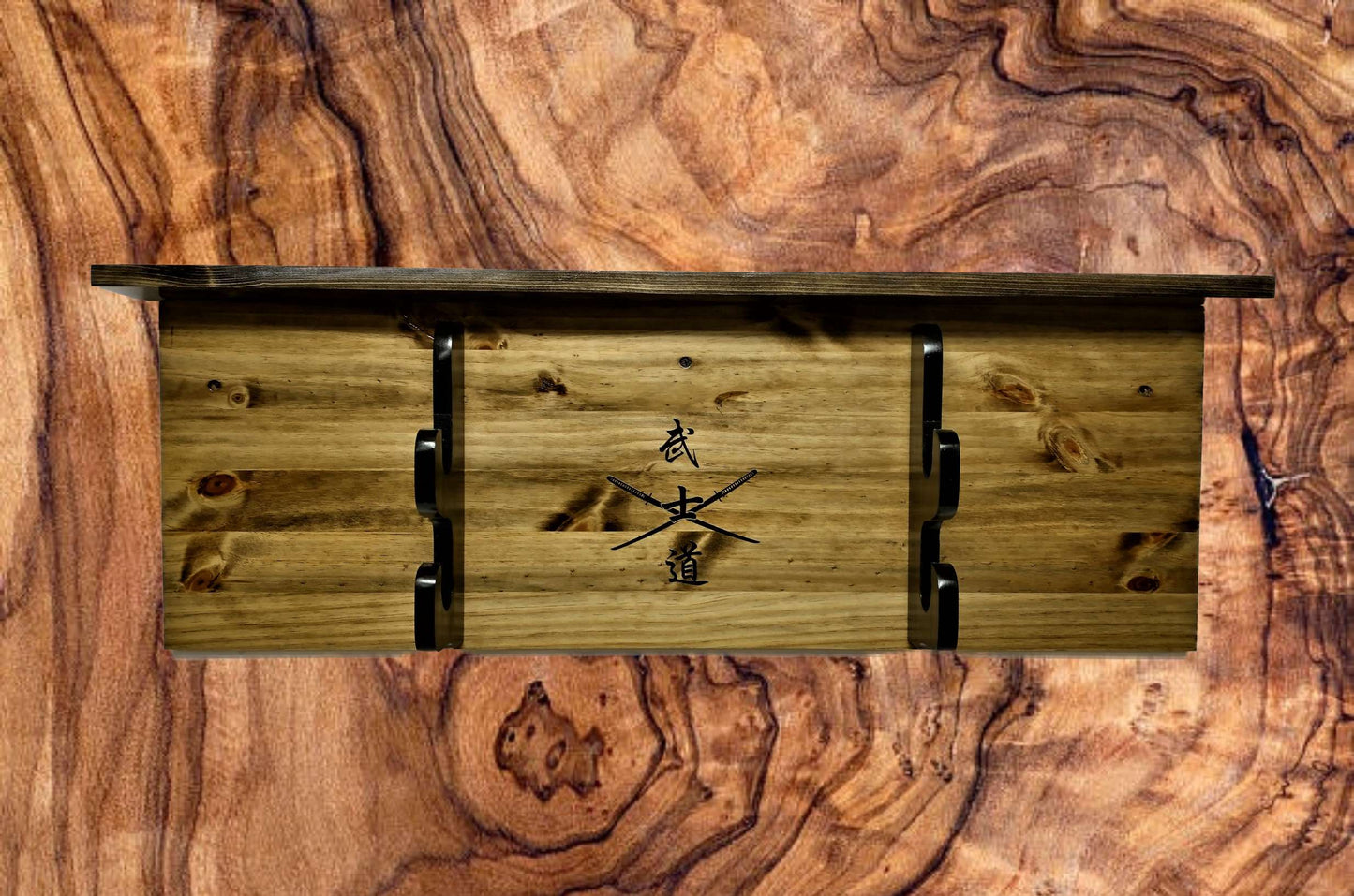 Walker Wood Gifts sword display SAMURAI WALL DISPLAY, 2 Tier Katana Bushido Display with Shelf, Dojo Gift